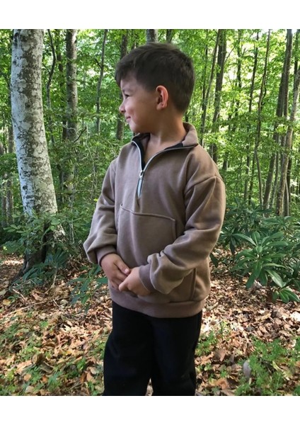 Unisex Fermuarlı Dik Yaka Kanguru Cepli Çocuk Çocuk Sweatshirt fiyatları