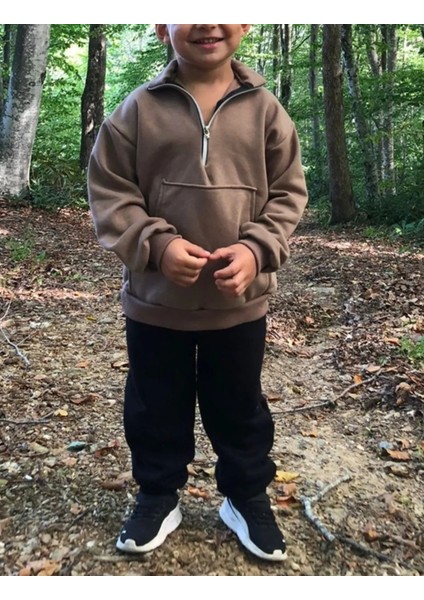 Unisex Fermuarlı Dik Yaka Kanguru Cepli Çocuk Çocuk Sweatshirt
