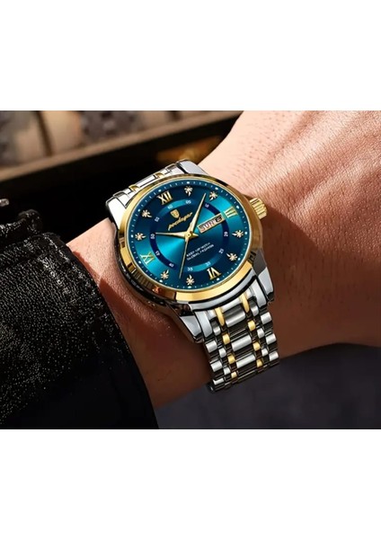 Poedagar Su Geçirmez Aydınlık Takvim Paslanmaz Çelik Erkek Kol Saati Gold Detay