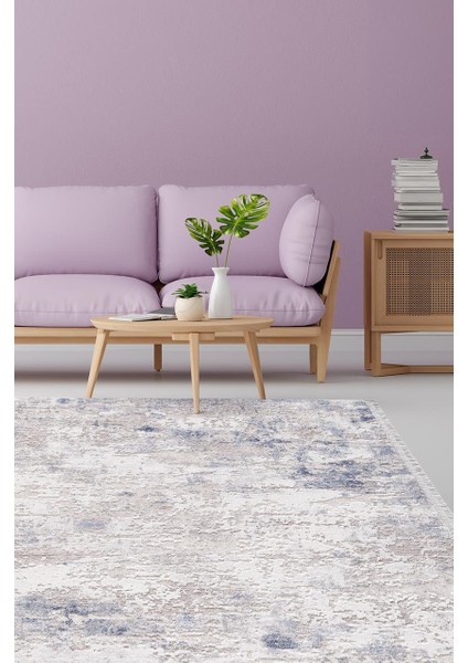 Romantik 02436b Gri Mavi Modern Saçaklı Halı