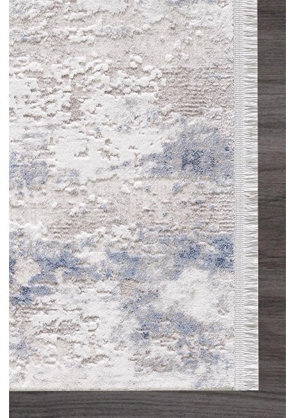 Romantik 02436b Gri Mavi Modern Saçaklı Halı