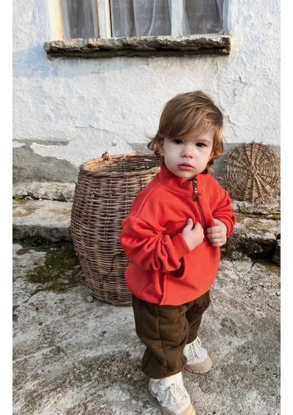 Unisex Fermuarlı Dik Yaka Kanguru Cepli Çocuk Çocuk Sweatshirt