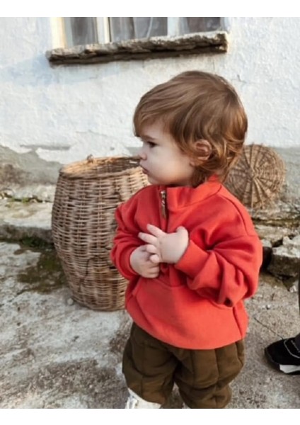 Unisex Fermuarlı Dik Yaka Kanguru Cepli Çocuk Çocuk Sweatshirt modelleri