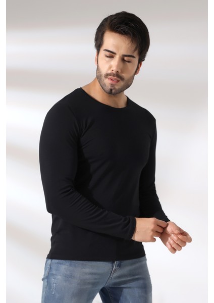 Compact Penye Likralı Slim Fit Uzun Kol Bisiklet Yaka T-Shirt 19649 Siyah