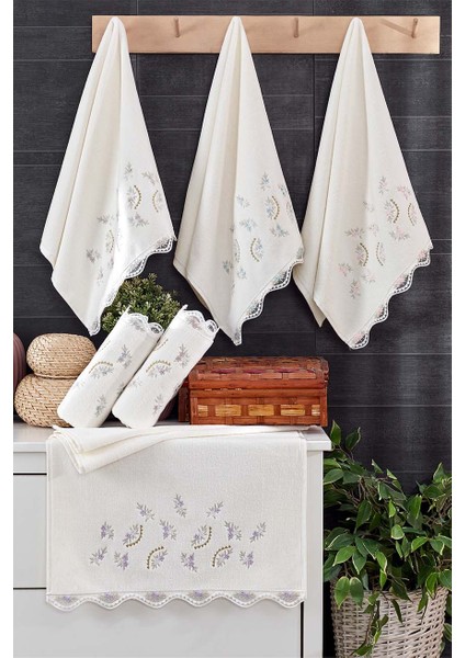 (6'Lı Set) Çeyizlik Kadife Orkidem Gelincik Nakışlı Dantelli Lüks El Ve Mutfak Havlu Seti 30 x 50 cm .