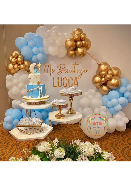 ^^ Doğum Günü Konsepti * Beyaz * Krom Gold * Makaron Mavi * 60 Lı Balon Zinciri Parti Seti