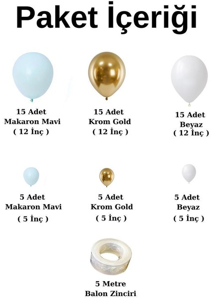 ^^ Doğum Günü Konsepti * Beyaz * Krom Gold * Makaron Mavi * 60 Lı Balon Zinciri Parti Seti