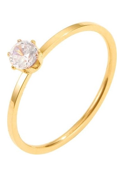 4 mm Parlak Gold Tek Taş Bayan Çelik Yüzük EV31SR