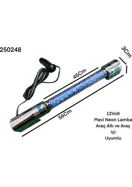 12V Oto Iç Tavan Lambası ve Araç Altı Mavi Neon Lamba Dışı Metal Korumalı Vidalı Çakmaklık Uçlu 56CM