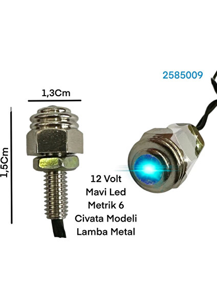 2 Adet 12 Volt  Mavi 6mm Metal Civata Dekor LED Lamba Iç ve Dış Uyumlu