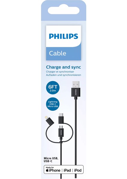 Mfı Apple Lisanslı Iphone 15 Plus 3in1 Micro Usb-Lightining-Type-C Hızlı Şarj ve Data Kablosu 2m Siyah DLC3106T