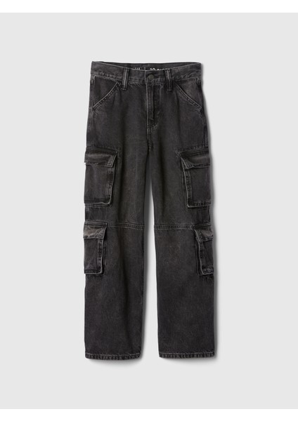 Erkek Çocuk Siyah Double Kargo Baggy Jean Pantolon