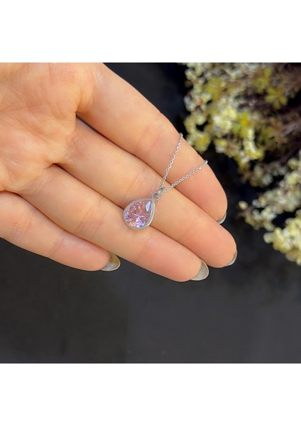 Stela Pembe Kuvars Damla Gümüş Kolye