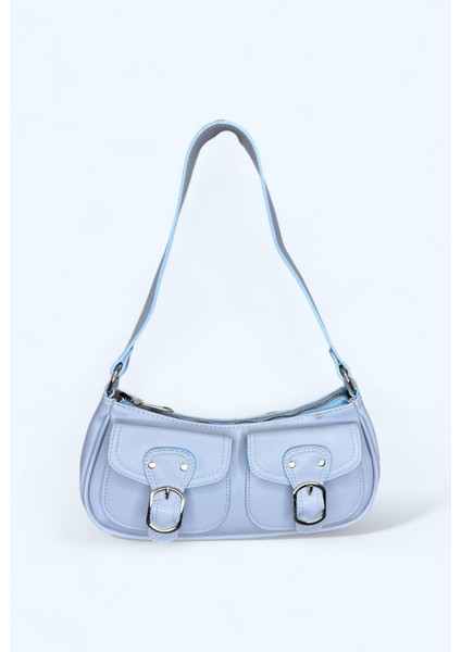 Kadın Mavi Suni Deri Mini Boy 2 Küçük Cepli Çanta