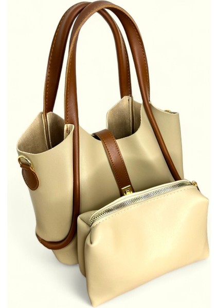 Kadın Bej Suni Deri Cüzdanlı El ve Omuz Çantası modelleri