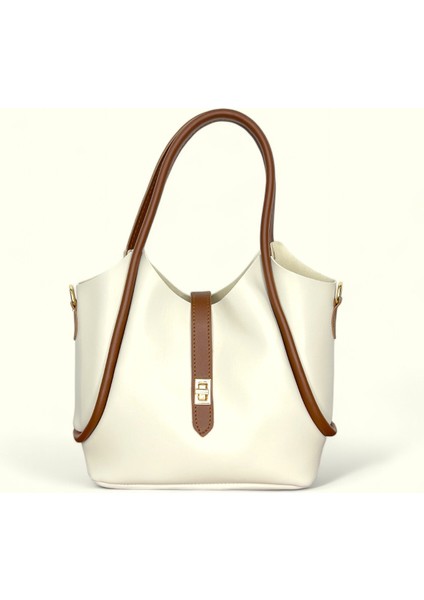 Kadın Krem Suni Deri Cüzdanlı El ve Omuz Çantası