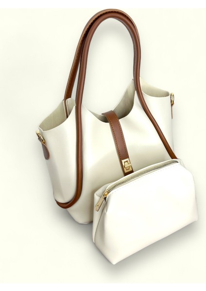 Kadın Krem Suni Deri Cüzdanlı El ve Omuz Çantası modelleri