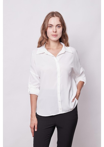 Likrasız Şık Kumaş Yakalı Sırt Dekolteli Uzun Kol Apoletli Gömlek-Krem fiyatları