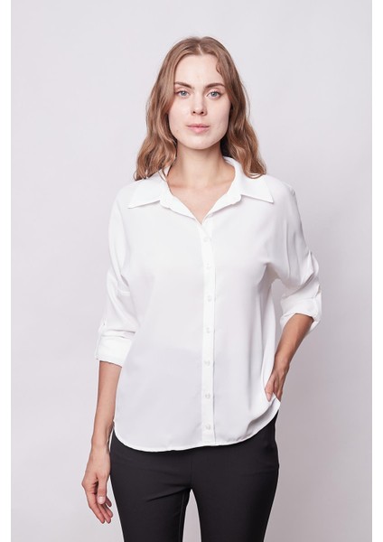 Likrasız Şık Kumaş Yakalı Sırt Dekolteli Uzun Kol Apoletli Gömlek-Krem modelleri