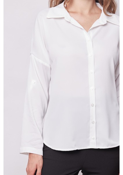 Likrasız Şık Kumaş Yakalı Sırt Dekolteli Uzun Kol Apoletli Gömlek-Krem fırsatları