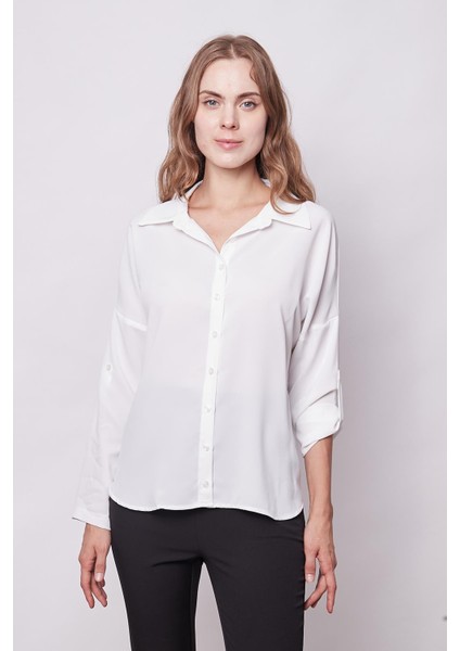 Likrasız Şık Kumaş Yakalı Sırt Dekolteli Uzun Kol Apoletli Gömlek-Krem indirimleri