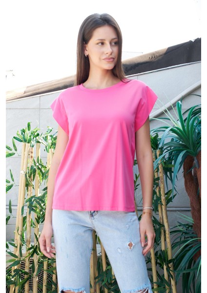 Şık Likralı Span Kumaş Kolsuz Geniş Sıfır Yaka Düşük Omuzlu Basic Tshirt Bluz-Fujya