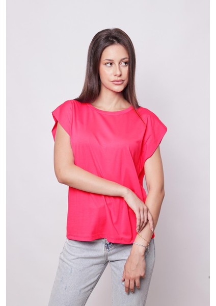 Şık Likralı Span Kumaş Kolsuz Geniş Sıfır Yaka Düşük Omuzlu Basic Tshirt Bluz-Fujya indirimleri