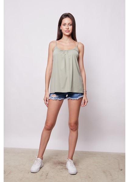 Kadın Span Karışımlı Şık Kumaş Ip Askılı Önü Büzgülü Ayar Askılı T-Shirt Bluz-Açık Haki modelleri