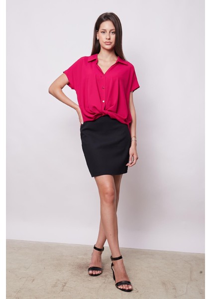 Likrasız Şık Kumaş Yakalı Düşük Omuzlu Önü Pileli Gömlek-Vişne modelleri