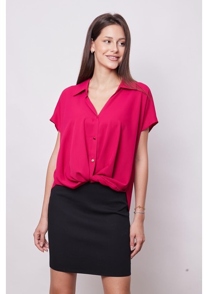 Likrasız Şık Kumaş Yakalı Düşük Omuzlu Önü Pileli Gömlek-Vişne fırsatları