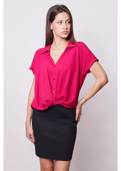 Likrasız Şık Kumaş Yakalı Düşük Omuzlu Önü Pileli Gömlek-Vişne indirimleri