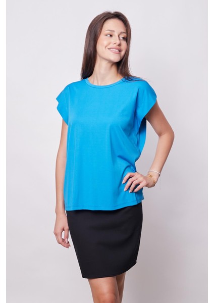 Şık Likralı Span Kumaş Kolsuz Geniş Sıfır Yaka Düşük Omuzlu Basic Tshirt Bluz-Mavi