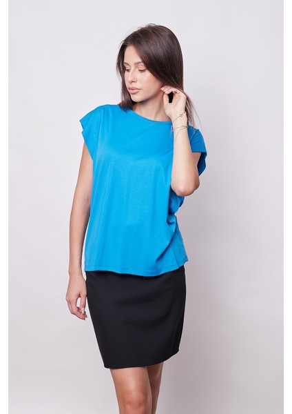 Şık Likralı Span Kumaş Kolsuz Geniş Sıfır Yaka Düşük Omuzlu Basic Tshirt Bluz-Mavi
