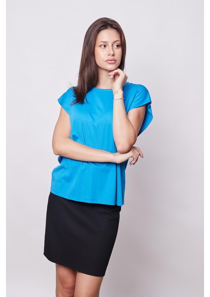 Şık Likralı Span Kumaş Kolsuz Geniş Sıfır Yaka Düşük Omuzlu Basic Tshirt Bluz-Mavi