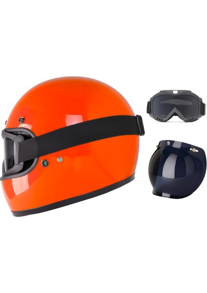 Motosiklet Retro Kask Harley Cafe Racer Vespa Modüler ve Anti Uv Gözlüklü Motor Kaskı Orange