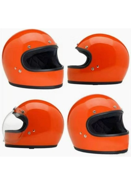 Motosiklet Retro Kask Harley Cafe Racer Vespa Modüler ve Anti Uv Gözlüklü Motor Kaskı Orange