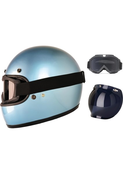 Motosiklet Retro Kask Harley Cafe Racer Vespa Modüler ve Anti Uv Gözlüklü Motor Kaskı Turkuaz
