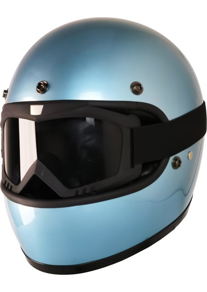 Motosiklet Retro Kask Harley Cafe Racer Vespa Modüler ve Anti Uv Gözlüklü Motor Kaskı Turkuaz