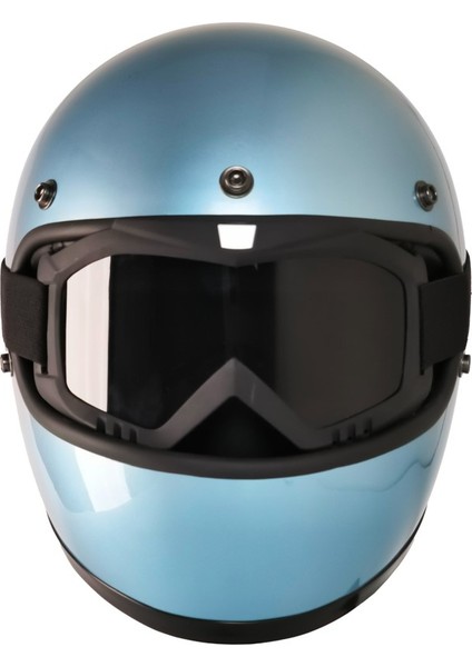 Motosiklet Retro Kask Harley Cafe Racer Vespa Modüler ve Anti Uv Gözlüklü Motor Kaskı Turkuaz