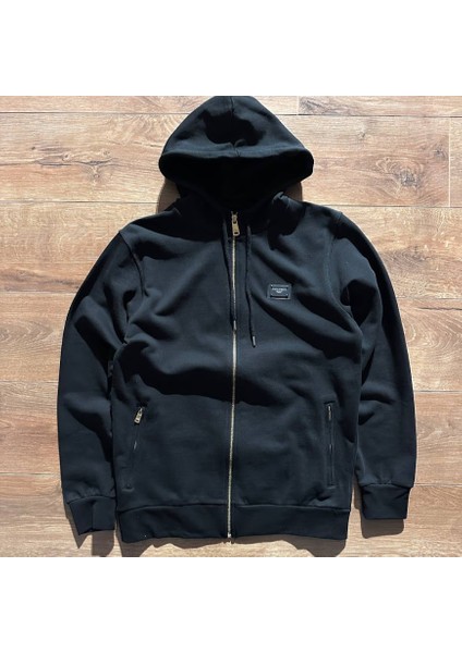 Metal Plaka Logolu Pamuklu Kapüşonlu Fermuarlı Sweatshirt