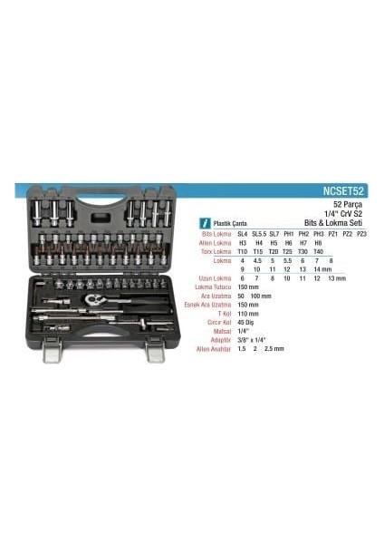 52 Parça 1/4" Bits ve Altıköşe Lokma Seti NCSET52