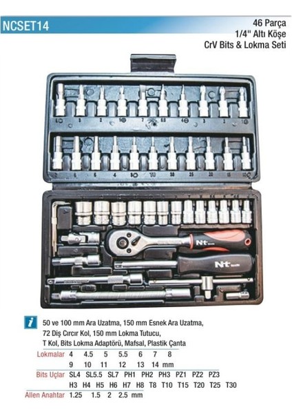 Nt Tools 46 Parça 1/4" Bits ve Altıköşe Lokma Seti NCSET14