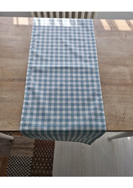 Pötikare Desenli Leke Tutmaz Keten Duck Kumaş Runner Masa Örtüsü Petrol Mavi Beyaz Kareli 35x140 Cm