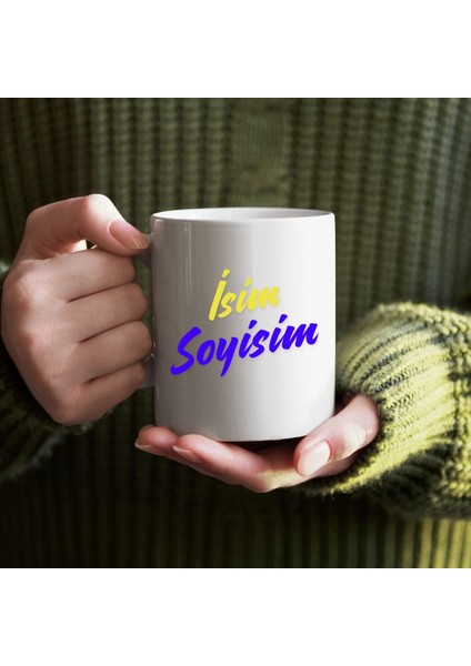 Kişiye Özel Sarı Lacivert Isim Yazılı Bardak - Isimli Bardak