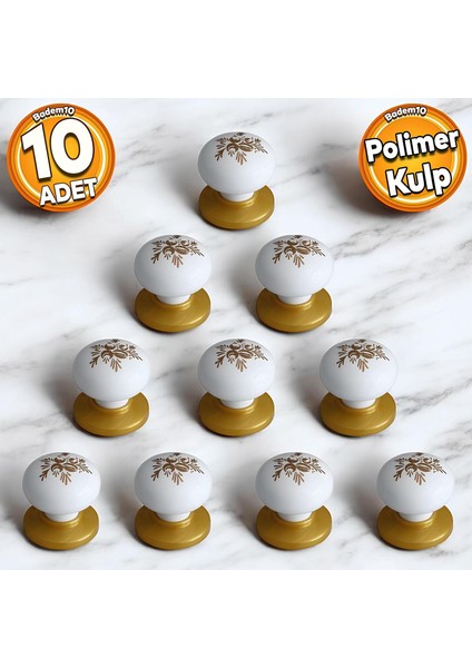 Polimer Kulp Düğme Beyaz Desenli Tabla Gold Mobilya Mutfak Dolabı Çekmece Dolap Kulpu Kulbu 10 Adet
