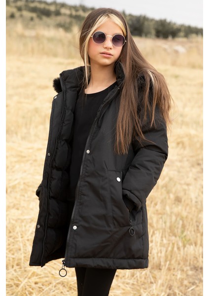 Siyah Kürklü Içi Astarlı Çıkarılabilir Kapüşonlu Kız Çocuk Mont 19053 modelleri