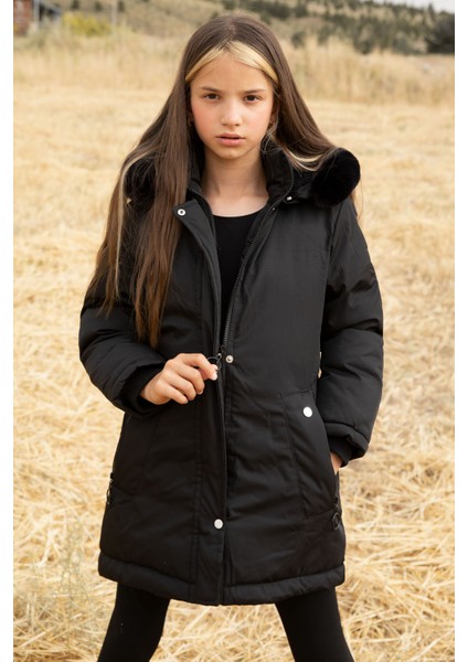 Siyah Kürklü Içi Astarlı Çıkarılabilir Kapüşonlu Kız Çocuk Mont 19053 fırsatları