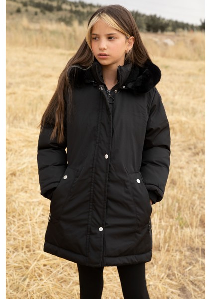 Siyah Kürklü Içi Astarlı Çıkarılabilir Kapüşonlu Kız Çocuk Mont 19053 indirimleri