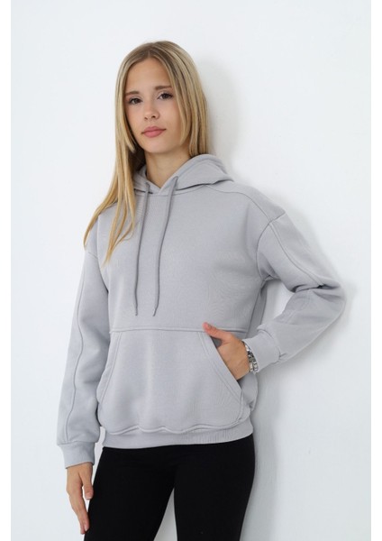 Kız Çocuk Mor Basic Uzun Kol Kapüşonlu Sweatshirt 19187
