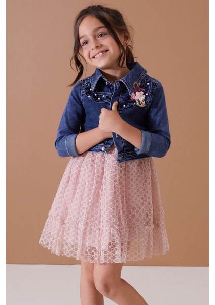 Gül Kurusu Jean Crop Ceketli Tüllü Kız Çocuk Elbise Takımı 19104